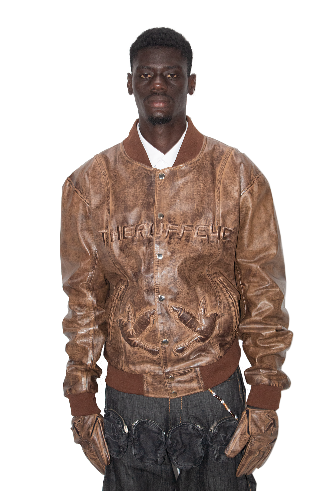 RUSTED LEATHER VARSITY JACKET IN BROWN