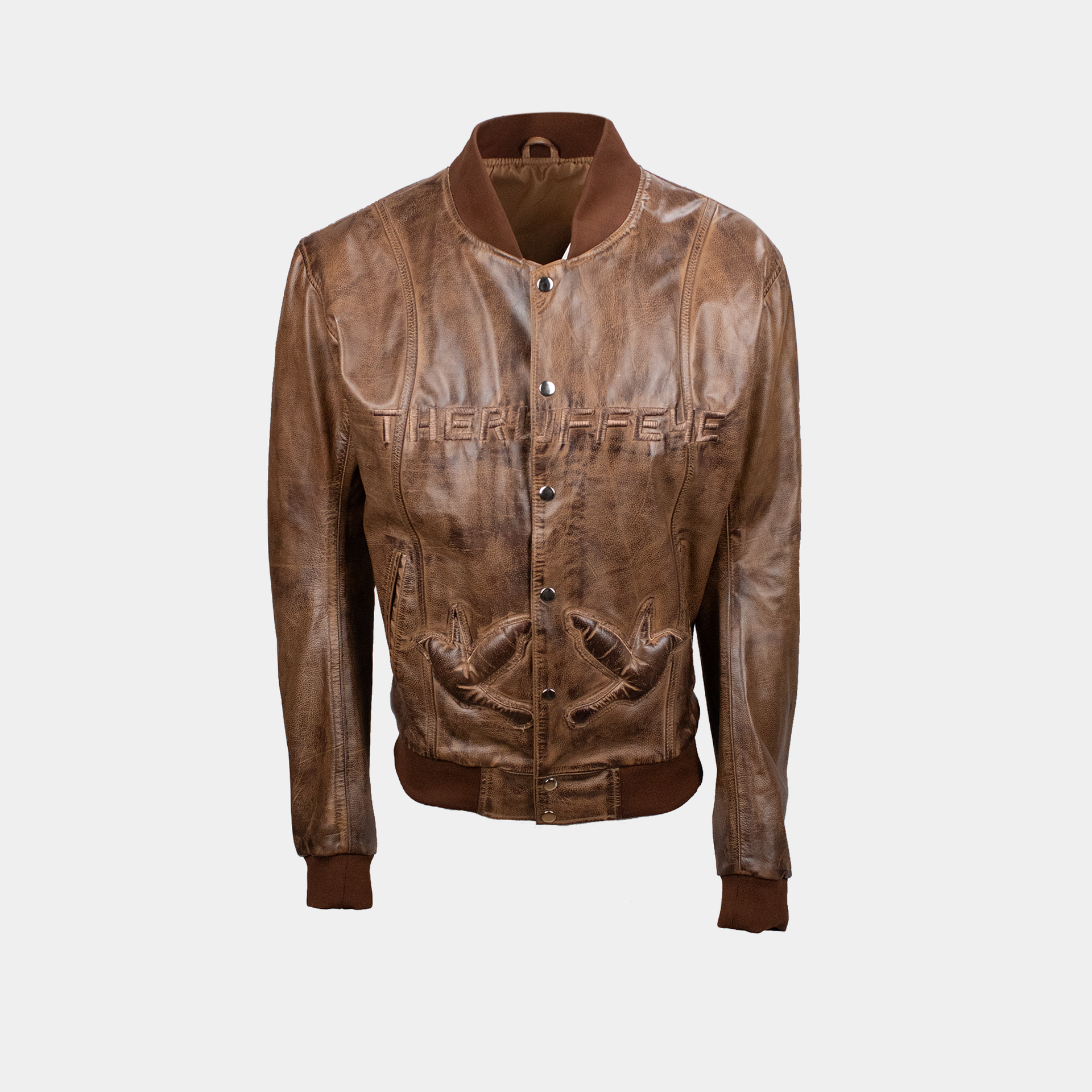 RUSTED LEATHER VARSITY JACKET IN BROWN – THERUFFEYE